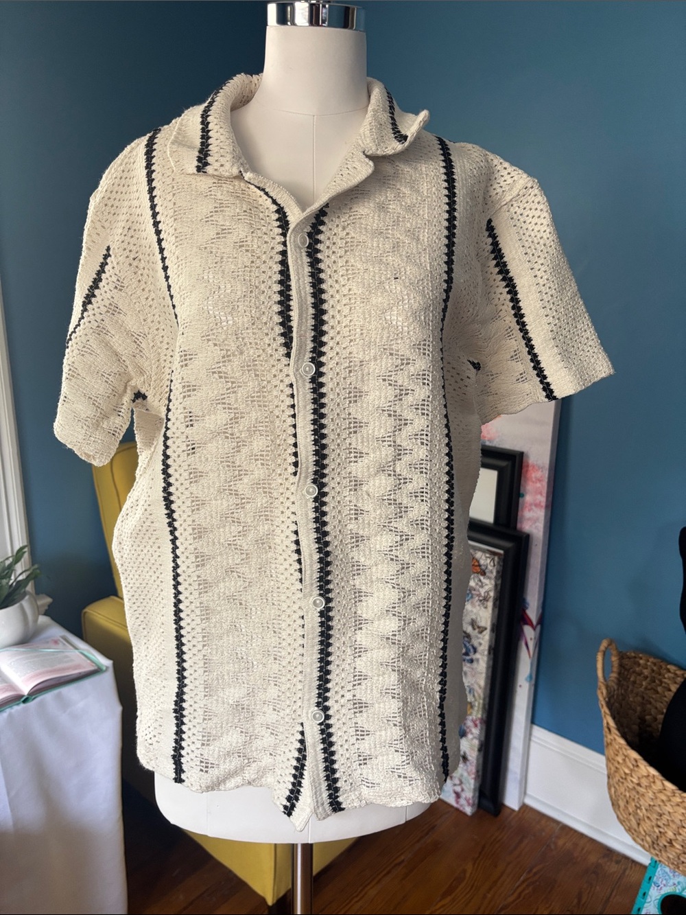 Cream Short-Sleeve Crochet Button-Up Shirt with Black Trim men size medium